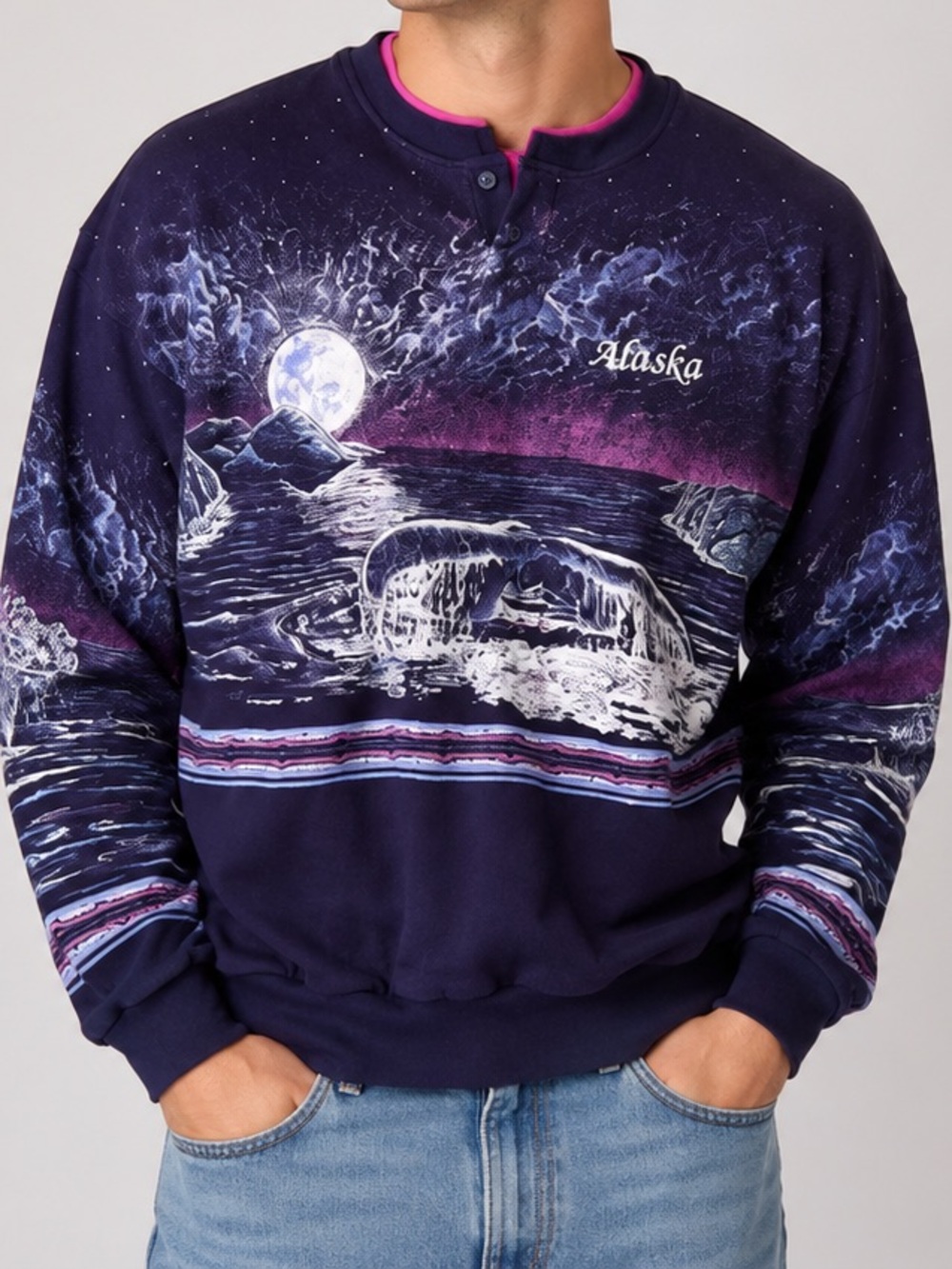 Vtg Art Unlimited Alaska Whale Sweatshirt XL All Over Print Ocean Scenic 90s